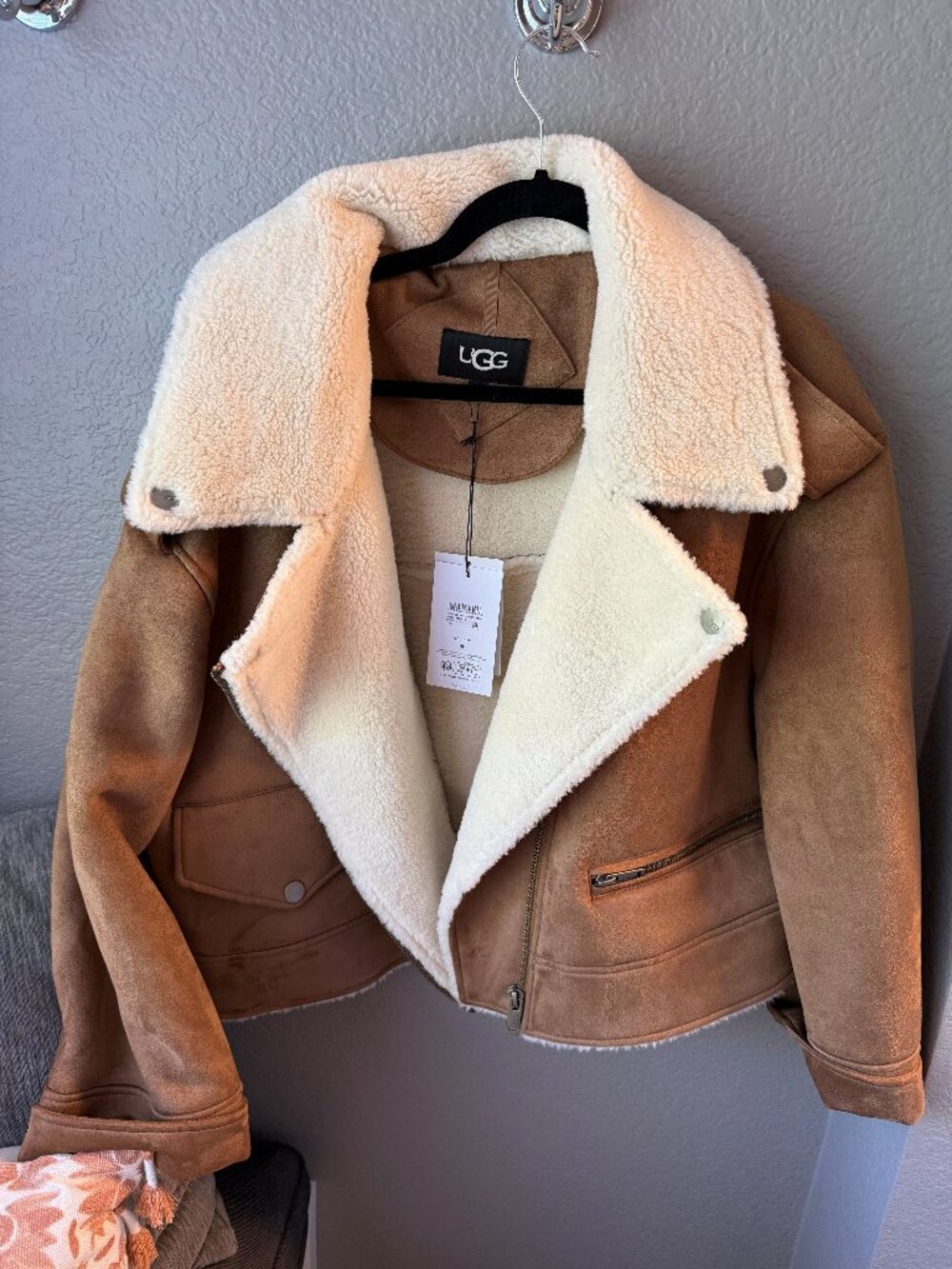 UGG Jacket -- Women's Finnian LuxeFluff Moto Jacket, Chestnut, Size Large - Picture 1 of 4